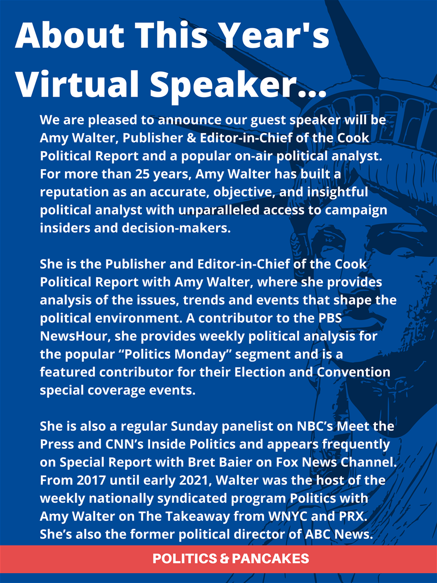 Get a virtual front row seat to one of NVAR&#39;s most popular events and hear in-depth political analysis of the 2021 elections at the Politics and Pancakes Breakfast. We are pleased to announce our guest speaker wi