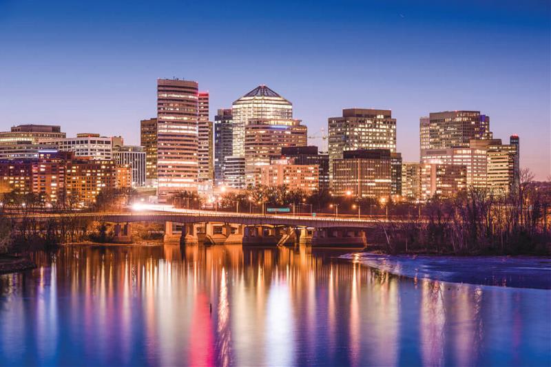 An evening scene of a city's skyline