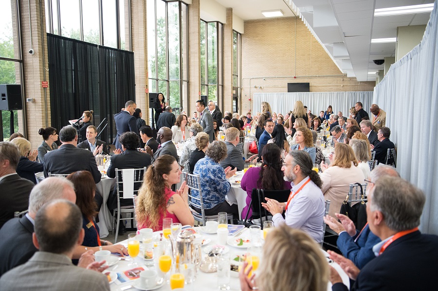 lorraine arora and audience at politics and pancakes