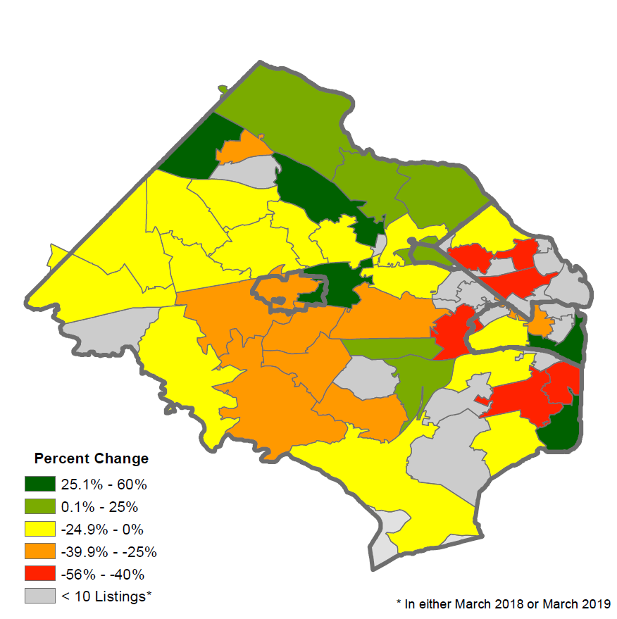 Figure 6. Percent Change in Active Listings of Detached Homes March 2018-2019 Figure 6. Percent Change in Active Listings of Detached Homes March 2018-2019
