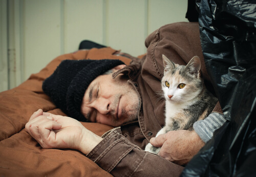 A homeless man with his cat