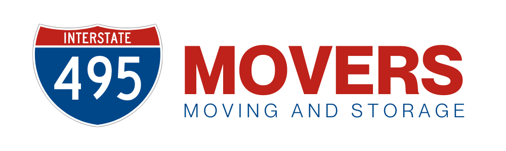 Logo featuring "Interstate 495" sign and "MOVERS Moving and Storage" text in red and blue against a black background, symbolizing a moving company.