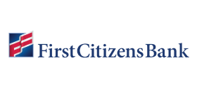 Blue and red logo for First Citizens Bank on a black background, showcasing stylized "FCB" letters and the bank's name in blue text.