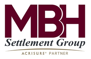 Logo of MBH Settlement Group with "Acrisure Partner" written below. Features burgundy initials "MBH" and accompanying text in a sleek, professional design.