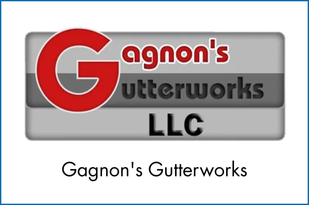 Logo for "Gagnon's Gutterworks LLC" with bold red and black text on a gray background. Simple and professional design.