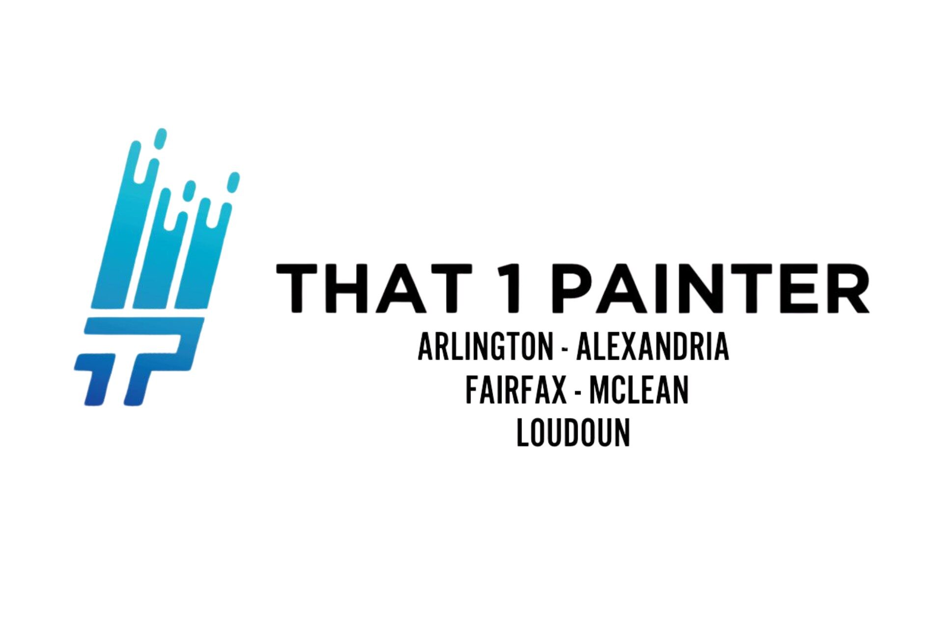 Logo for "That 1 Painter" includes stylized blue brush strokes and text listing Arlington, Alexandria, Fairfax, McLean, and Loudoun locations.
