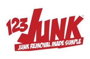 Red and white logo reads "123 Junk" with slogan "Junk Removal Made Simple." Bold, dynamic text style. No people or landmarks present.