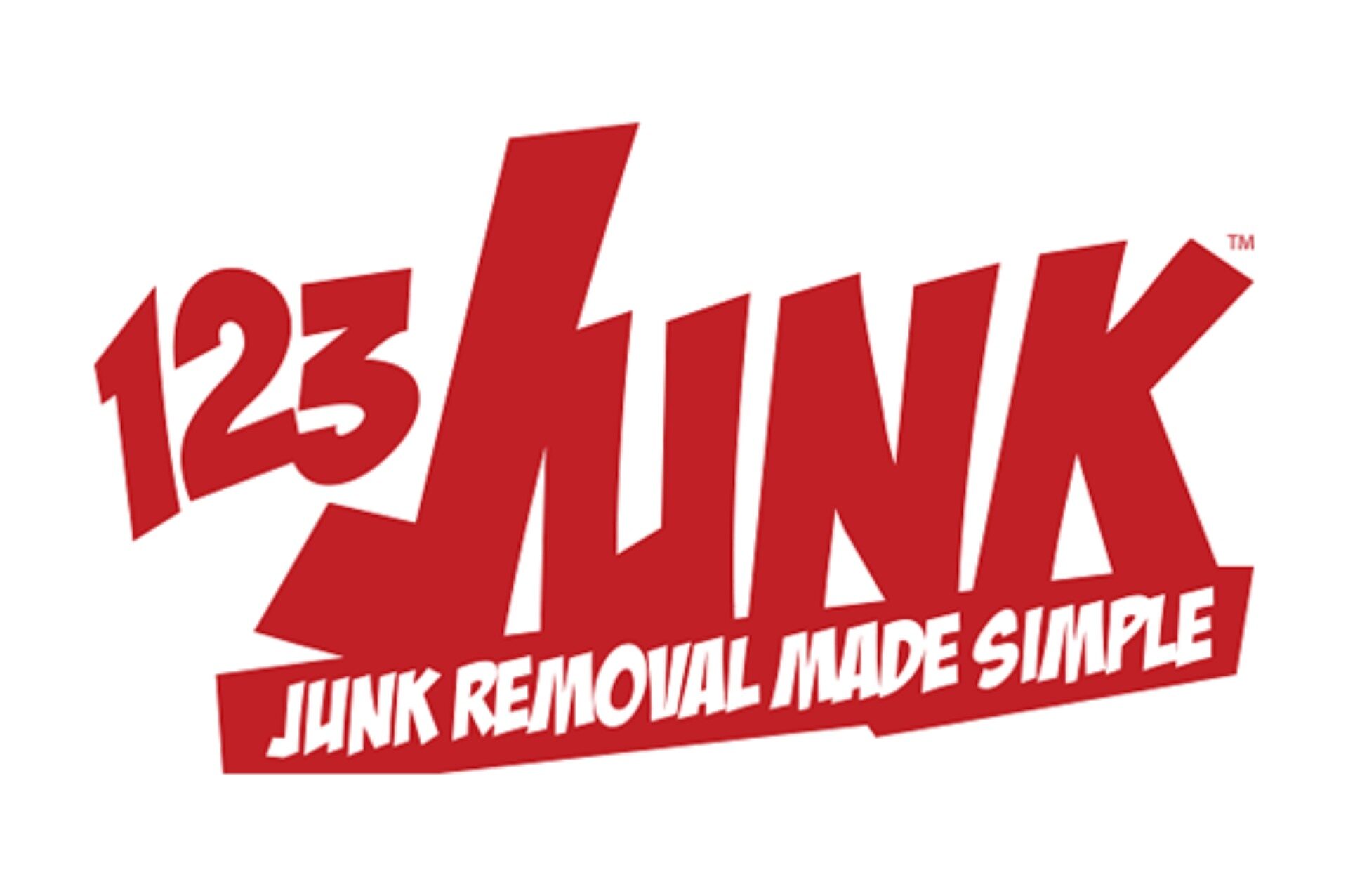 Red and white logo reads "123 Junk" with slogan "Junk Removal Made Simple." Bold, dynamic text style. No people or landmarks present.