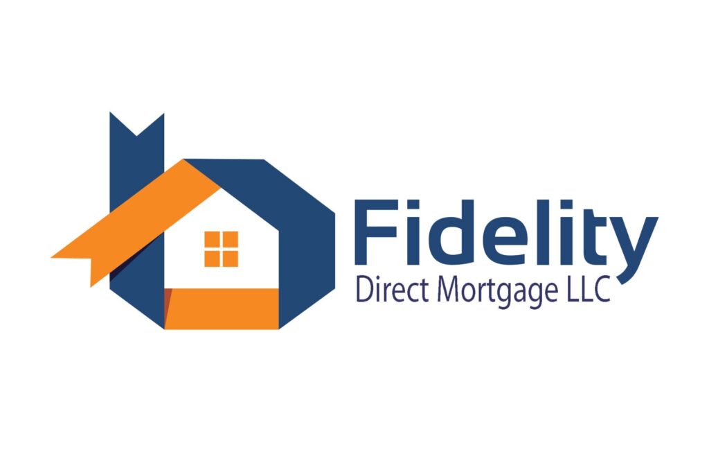 Logo for Fidelity Direct Mortgage LLC featuring a stylized house with blue and orange elements. Bold text highlights company name and service.