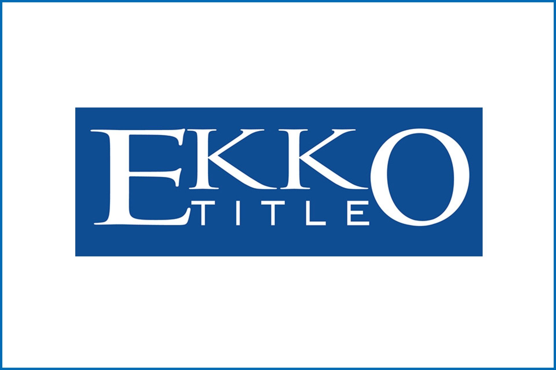 Blue logo with white text reading "EKKO TITLE" in bold, serif font. Simple, professional design on a white background.
