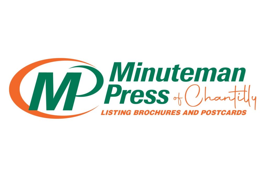 Logo for Minuteman Press of Chantilly featuring green and orange text offering brochures and postcards. Prominent "M" in an orange circle.