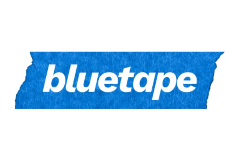 Blue logo with the text "bluetape" written on a ripped strip resembling blue painter's tape. Simple, bold white lettering on textured background.
