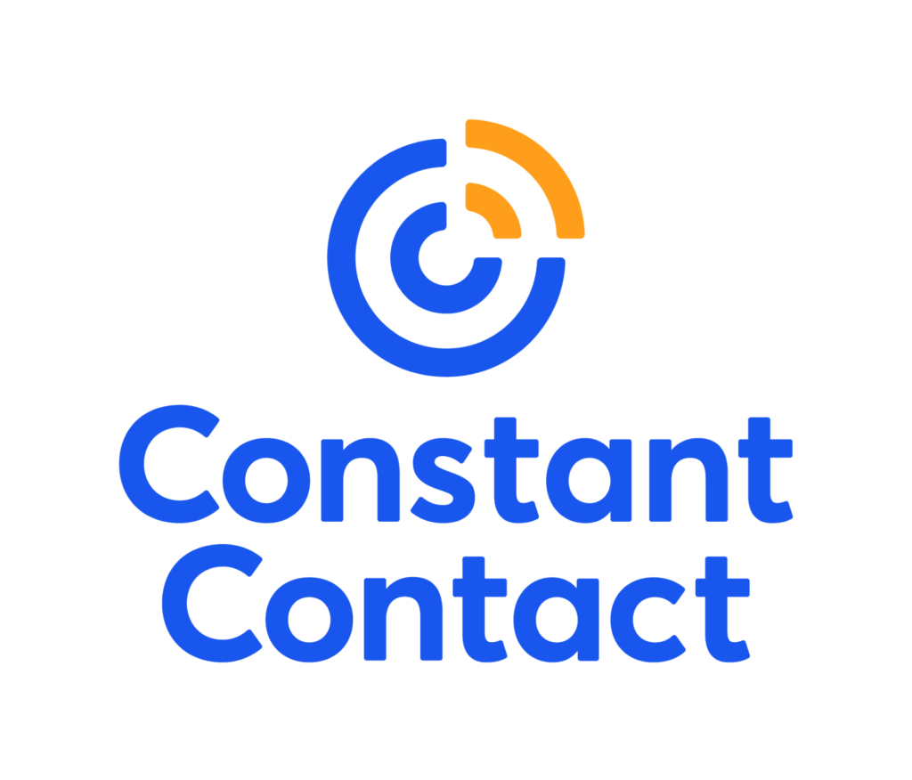 The image displays the Constant Contact logo with a blue and orange circular design above the brand name in bold blue letters.
