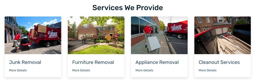 Image depicts four service categories: junk removal, furniture removal, appliance removal, and cleanout services. Each includes people loading distinctive red trucks.
