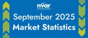Northern Virginia Association of Realtors banner displaying "September 2025 Market Statistics" in white text on a blue background with green arrow designs.