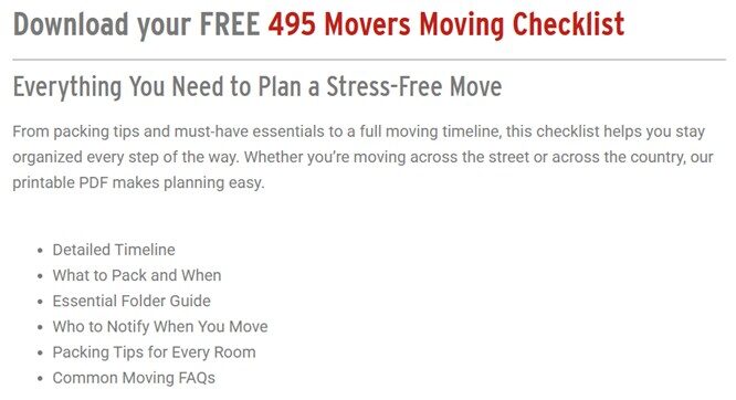 Promotional image for a free "495 Movers Moving Checklist" featuring packing tips, timelines, and FAQs to help plan a stress-free move efficiently.