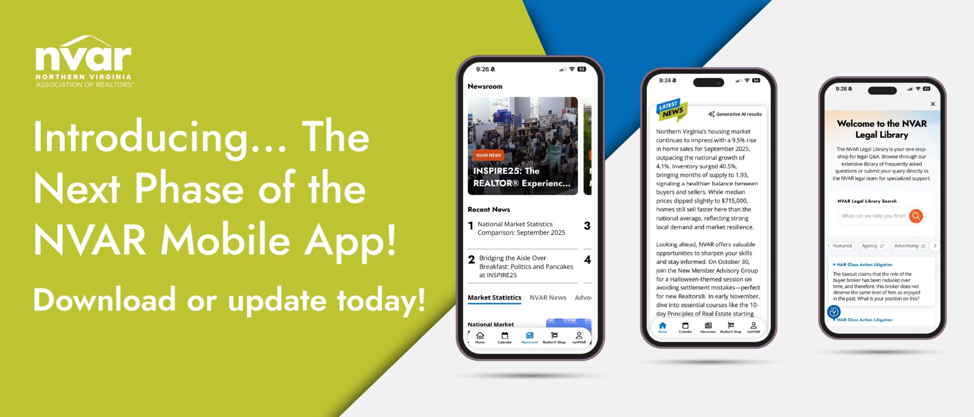 The Next Phase of the NVAR Mobile App Is Here!  Promotional banner for the updated NVAR Mobile App, featuring three smartphone screens displaying the app interface. Includes a prompt to download or update.