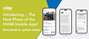 Three smartphones display the NVAR mobile app interface against a background with green and blue triangles. Text promotes downloading or updating the app.