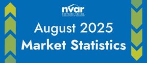 Blue banner with "NVAR Northern Virginia Association of Realtors" text and "August 2025 Market Statistics" highlighted, featuring green and blue arrow patterns on the sides.