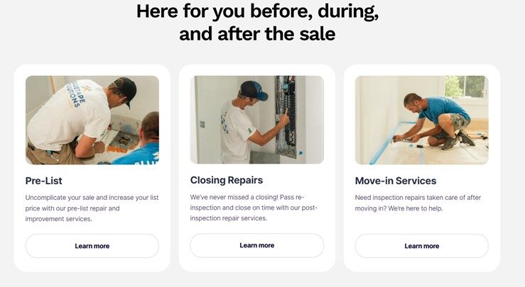 The image features three sections showing persons performing home repairs, labeled as Pre-List, Closing Repairs, and Move-in Services, with descriptive text.
