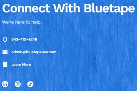 Contact information for Bluetape on a blue background, featuring a phone number, email address, and social media icons for LinkedIn, Instagram, TikTok.