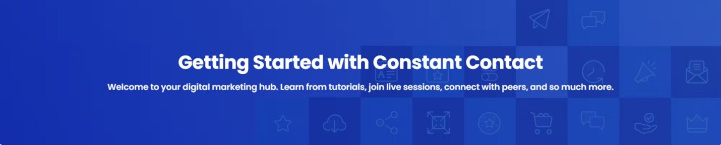 The image is a blue digital banner for Constant Contact. It mentions learning through tutorials, live sessions, peer connections, and more.