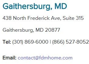 Text displayed with an address in Gaithersburg, MD, including phone numbers and an email contact for a business at Suite 315.