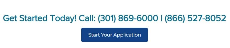 The image shows contact numbers, (301) 869-6000 and (866) 527-8052, above a blue "Start Your Application" button, encouraging engagement.
