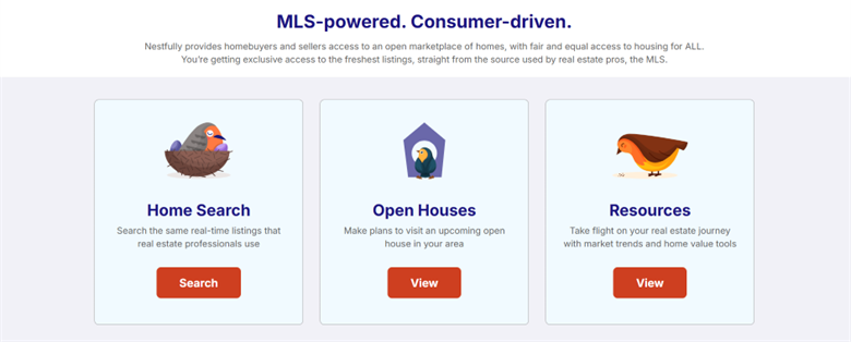 Website interface featuring sections for "Home Search," "Open Houses," and "Resources," with colorful bird icons and buttons to view or search listings.