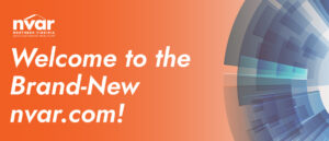 The image features a vibrant welcome message for the newly launched nvar.com, presented alongside a modern, abstract design on an orange background.