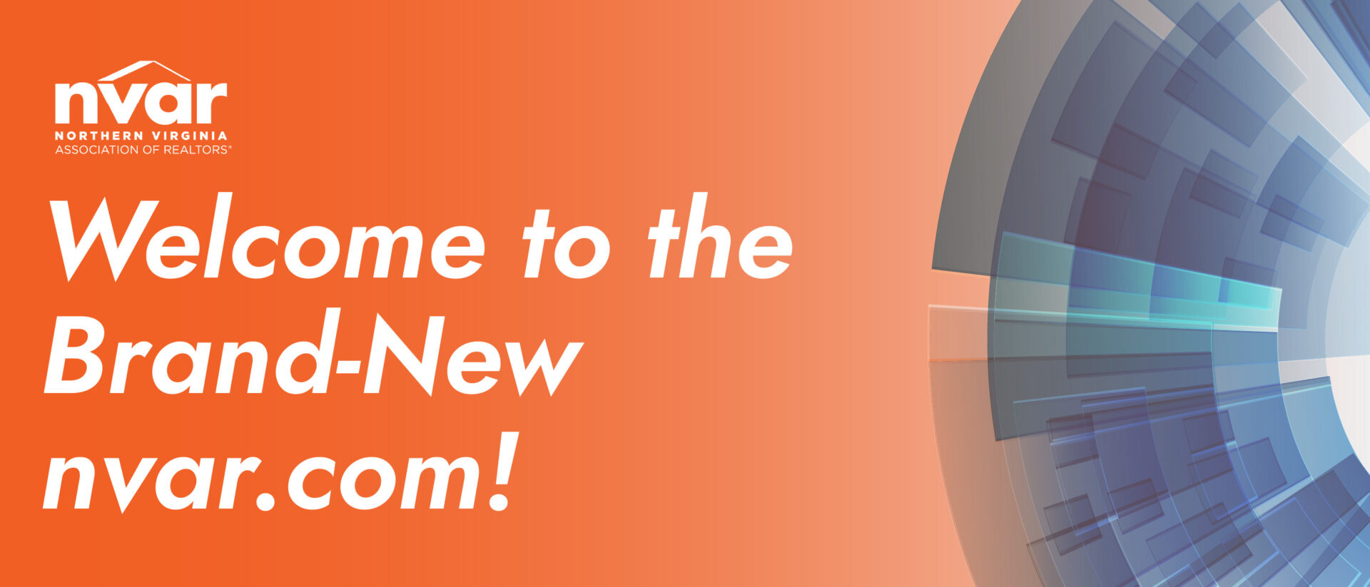 The image features a vibrant welcome message for the newly launched nvar.com, presented alongside a modern, abstract design on an orange background.