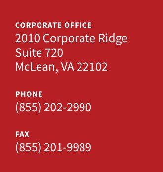 The image shows contact details for a corporate office located at 2010 Corporate Ridge, Suite 720, McLean, VA 22102, with phone and fax numbers.