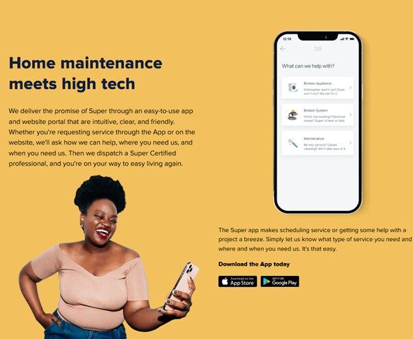 A person smiling while holding a phone, with text promoting a home maintenance app and featuring a smartphone screen display of the app interface.