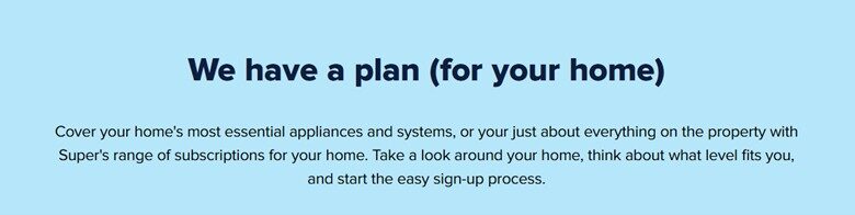 Advertisement discussing home plans, promoting subscription services for appliances and systems. Encourages easy sign-up for home coverage options. Blue background.