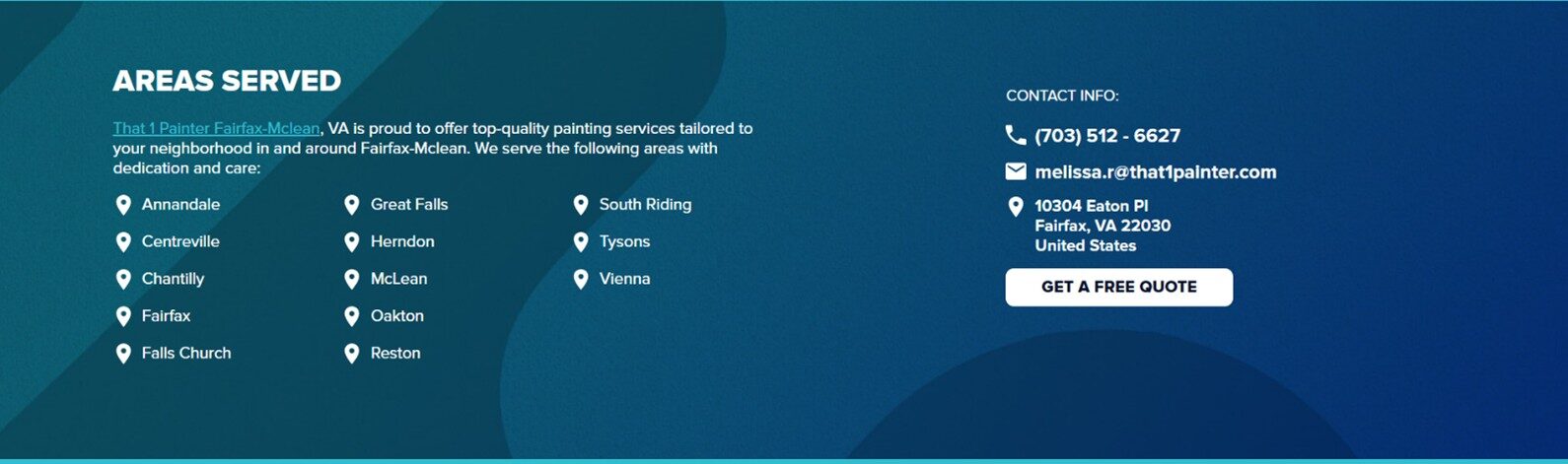 A website footer lists painting services in Northern Virginia areas, with contact information and a button for a free quote.