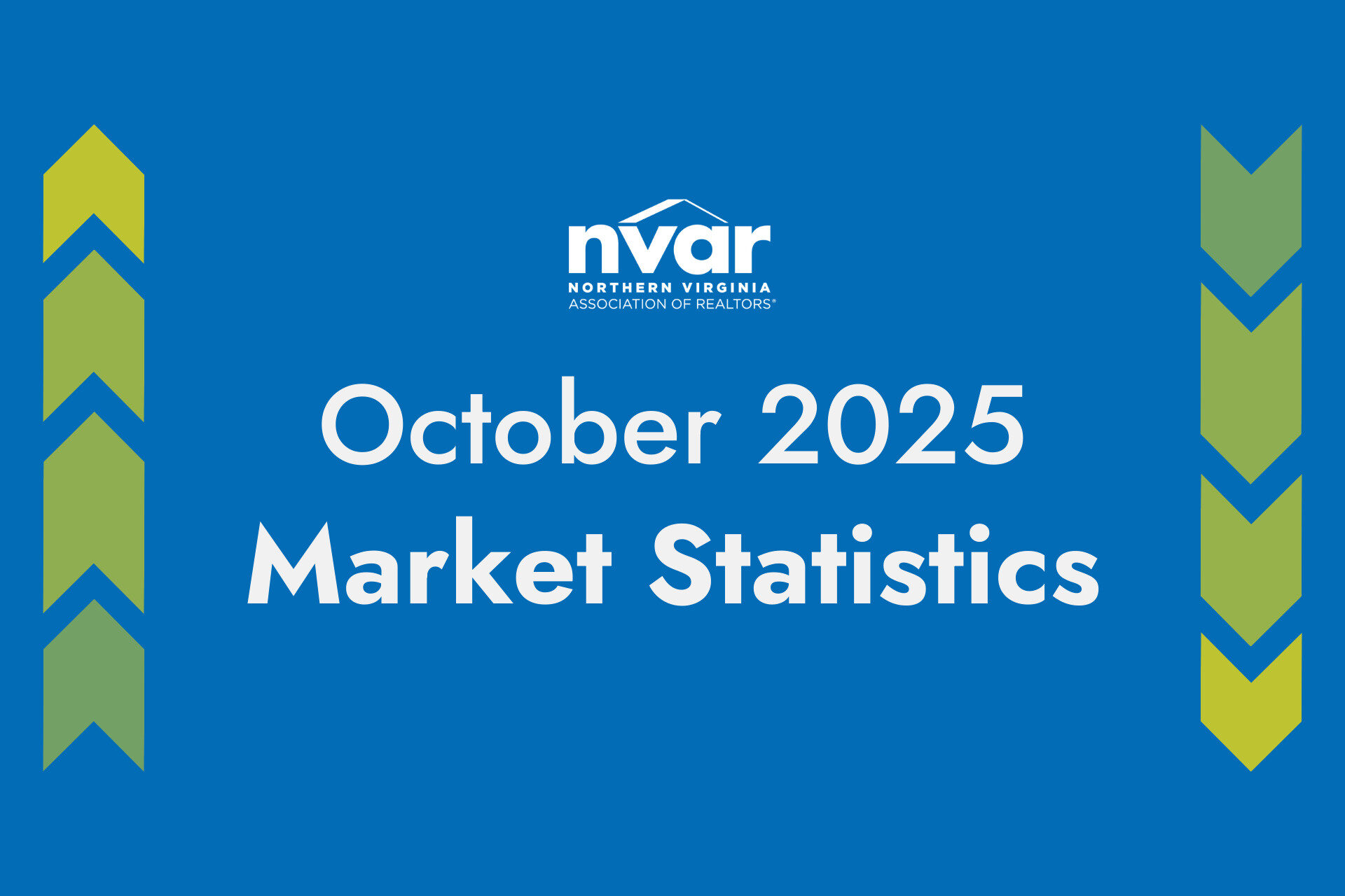 Blue background displays "October 2025 Market Statistics" with the Northern Virginia Association of Realtors (NVAR) logo above. Green arrow patterns flank text.