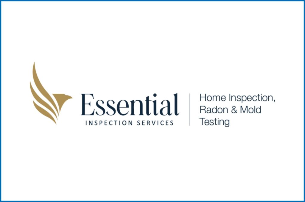 The image features the logo for Essential Inspection Services, specializing in home inspection, radon, and mold testing, with a gold bird design.