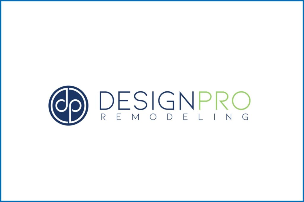 Logo reading "DesignPro Remodeling" features a stylized "dp" icon in blue. Clean, modern typography with "PRO" highlighted in green.