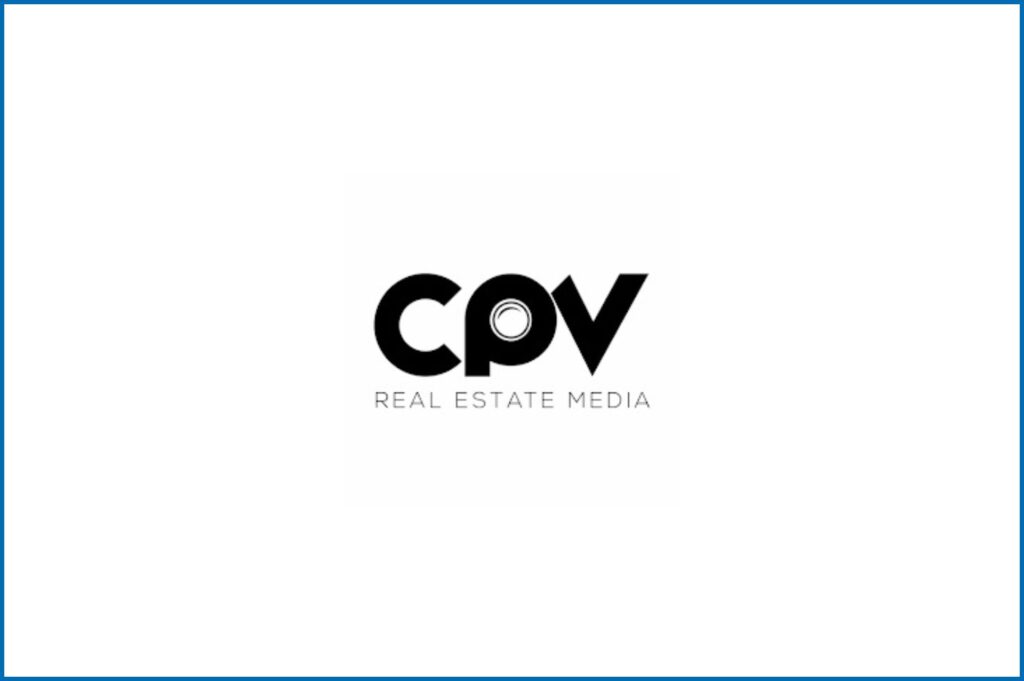 A logo features the letters "CPV" with a circular design element, accompanied by the text "Real Estate Media" below in a clean, minimalist style.