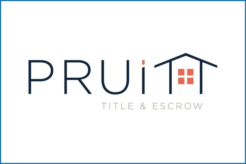 The image shows the logo for "Pruitt Title & Escrow," featuring stylized text with a house roof and window design above the words.