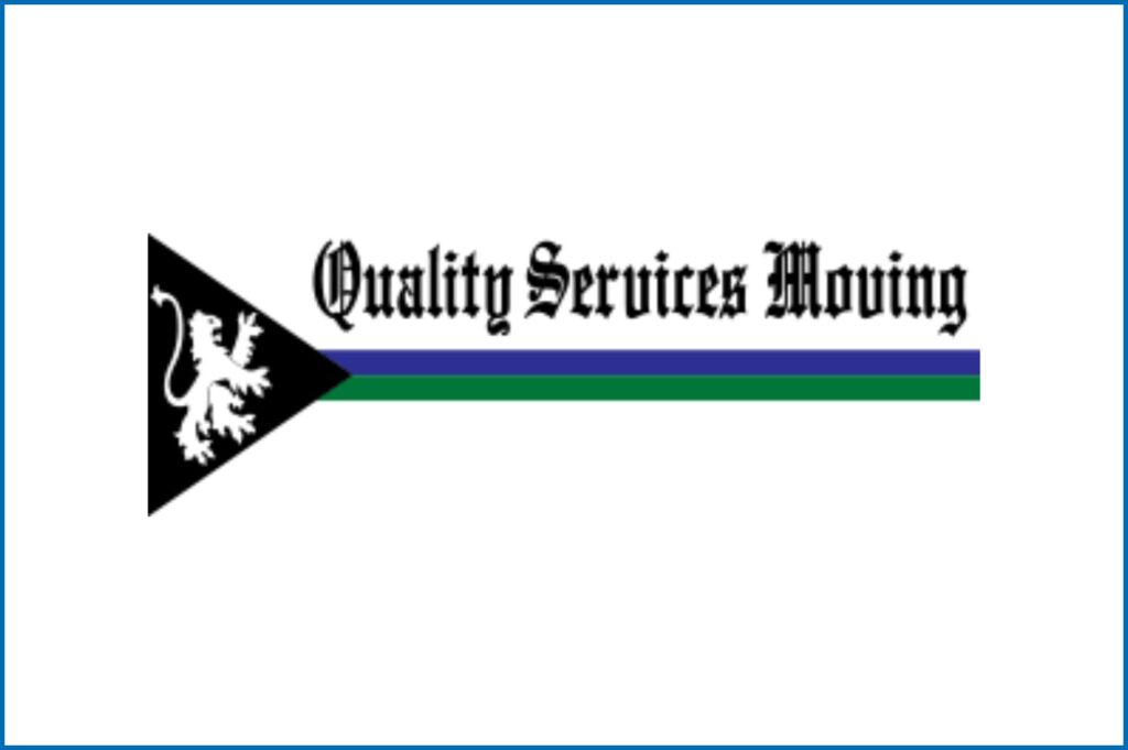 Logo featuring "Quality Services Moving" text, a black triangle with a white lion, and a green-blue horizontal stripe. Simple and bold design.