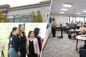 A building with an "NVAR" sign, a group of people posing, and a person speaking to an audience in a meeting room.