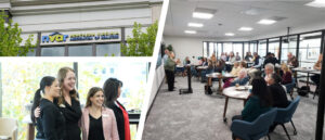 Group of people indoors at Northern Virginia Association of Realtors office; attendees listen to speaker, three people pose for a photo outside.