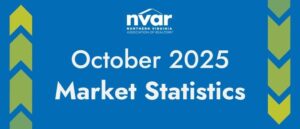 Blue banner with green arrows features "October 2025 Market Statistics" for Northern Virginia Association of Realtors (NVAR), highlighting real estate market data.