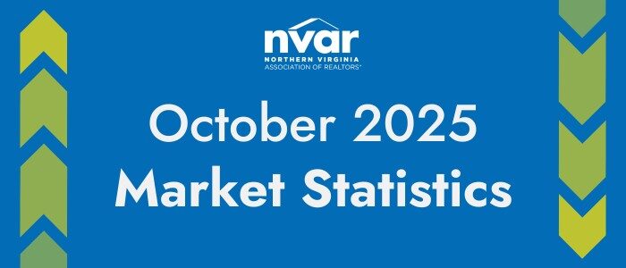 Blue banner with green arrows features "October 2025 Market Statistics" for Northern Virginia Association of Realtors (NVAR), highlighting real estate market data.