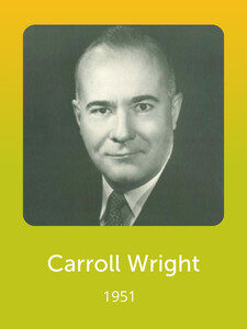 A black-and-white portrait of a person in formal attire, labeled "Carroll Wright, 1951," on a green-yellow gradient background.