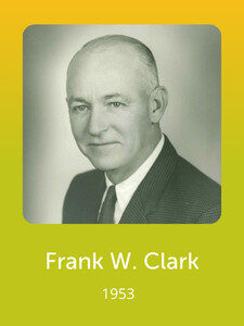 A black-and-white portrait of a person in formal attire with short hair, labeled "Frank W. Clark 1953" against a yellow-green background.