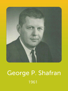 A black-and-white portrait of a person in formal attire is displayed against a gradient background with the text "George P. Shafran 1961."