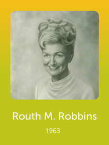 A grayscale portrait of a smiling person with styled hair, named Routh M. Robbins, from the year 1963, with a green gradient background.