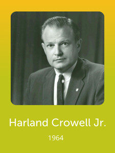 A black-and-white portrait of a person in a suit and tie against a dark curtain. Text below reads "Harland Crowell Jr. 1964."